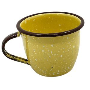 Childs Yellow Brown Rim Graniteware Coffee Cup Enamel Speckled Vintage Kitchen